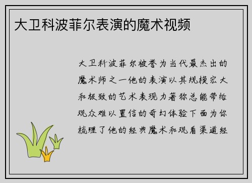 大卫科波菲尔表演的魔术视频